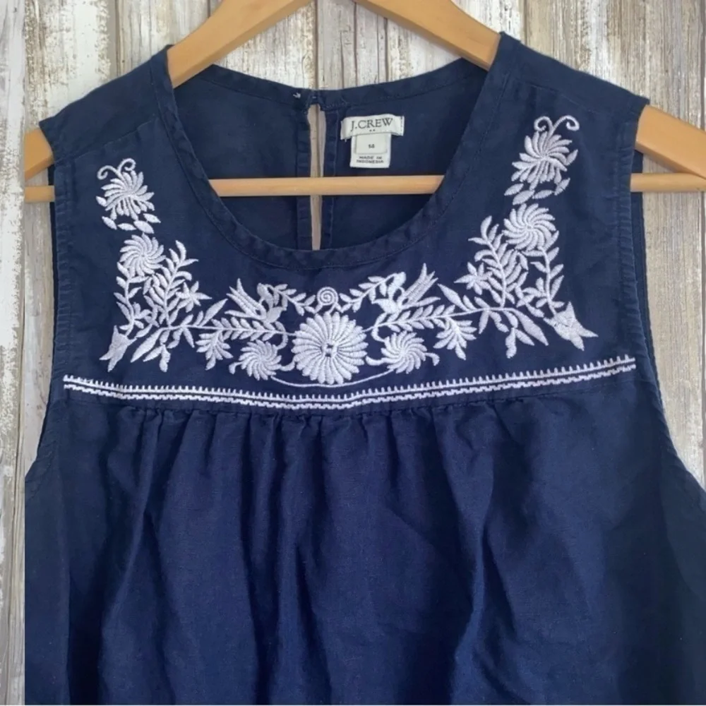 J.Crew Navy Embroidered Linen Blend Tank Top Sleeveless Size 14